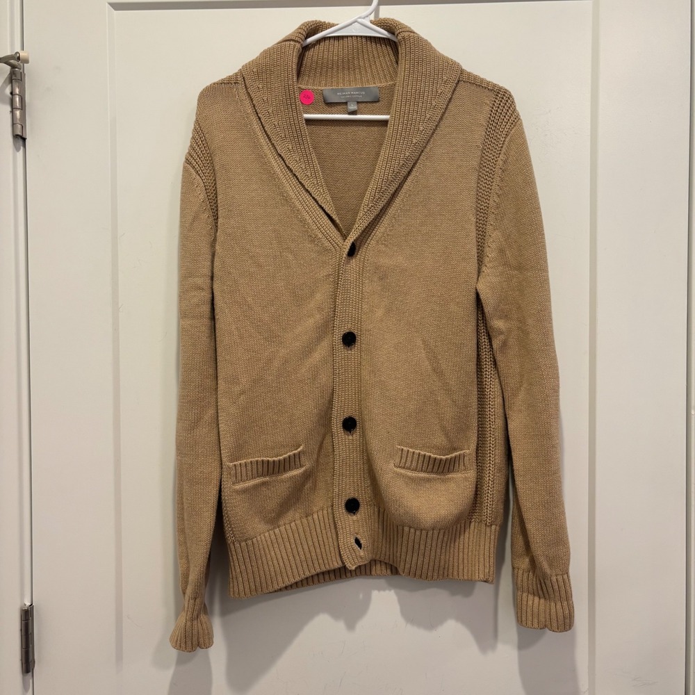 Neiman Marcus Organic Cotton Shawl Collar Cardigan Sweater Tan Camel Mens Large